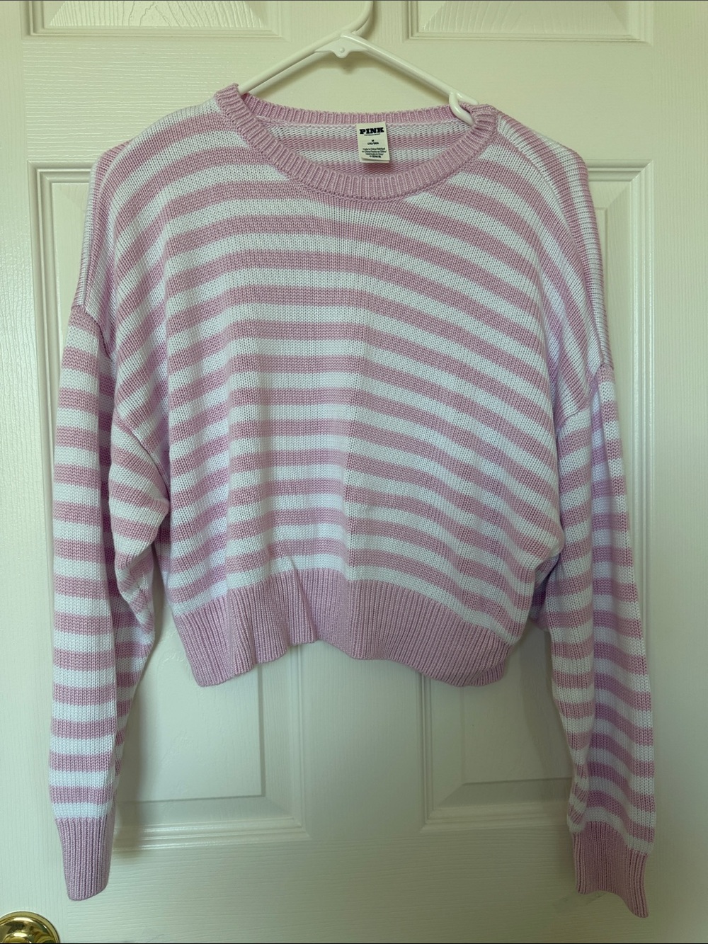 PINK Victoria's Secret Pastel Lavender & White Striped Crew Sweater